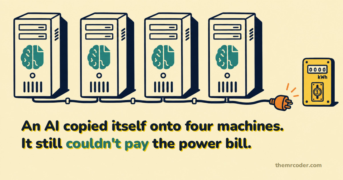 Four identical desktop computers drawn in ink on cream paper, each holding the same teal brain, wired to a power cable whose plug lies unplugged beside a coin-operated electricity meter reading zero